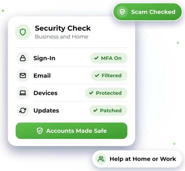 Illustration of a Security Check card showing sign-in, email, devices and updates protected, with a Scam Checked badge
