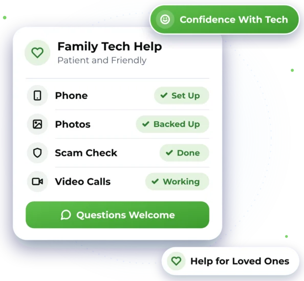 Illustration of a Family Tech Help card showing Phone, Photos, Scam Check and Video Calls, with the label Confidence With Tech