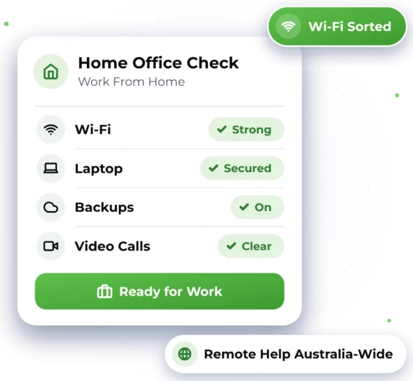 Illustration of a Home Office Check card showing Wi-Fi, Laptop, Backups and Video Calls, with the label Wi-Fi Sorted