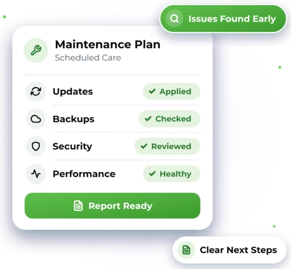 Illustration of a Maintenance Plan card showing Updates, Backups, Security and Performance, with the label Issues Found Early