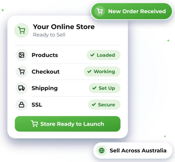 Illustration of a card titled Your Online Store, showing Products, Checkout, Shipping and SSL, with the label New Order Received