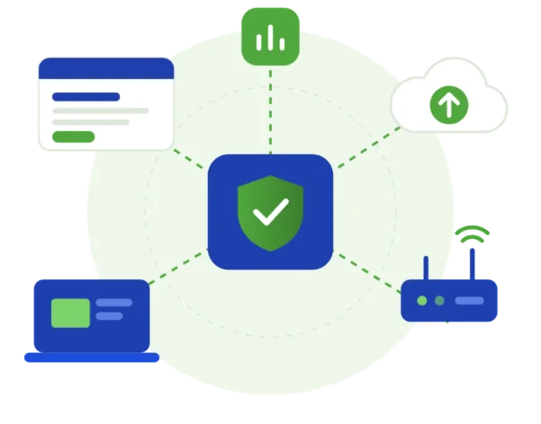 Illustration of a secure network linking a laptop, router, cloud backup, website and marketing reports
