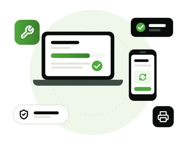 Illustration of a secure network linking a laptop, router, cloud backup, website and marketing reports