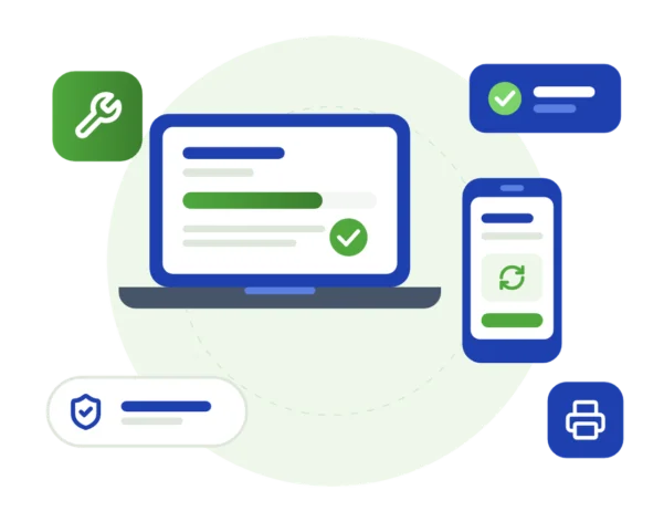 Illustration of a laptop, phone and printer being set up and connected