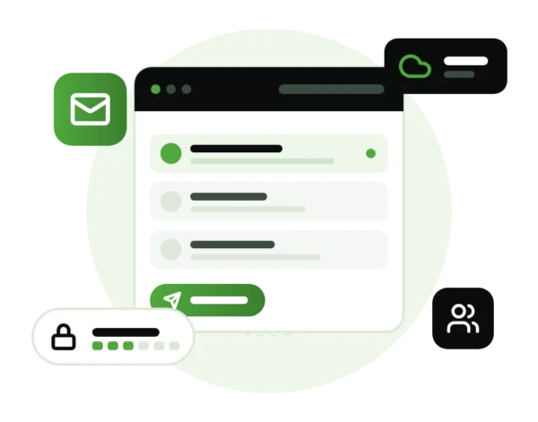 Illustration of a secure network linking a laptop, router, cloud backup, website and marketing reports