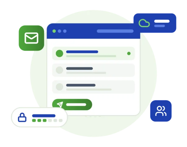 Illustration of an email app with messages and a cloud sync badge