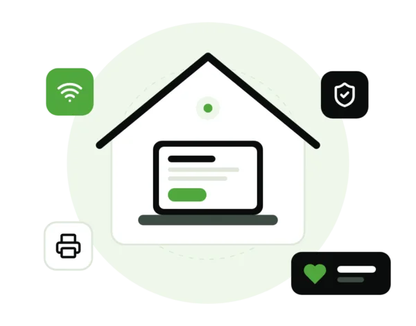 Illustration of a secure network linking a laptop, router, cloud backup, website and marketing reports