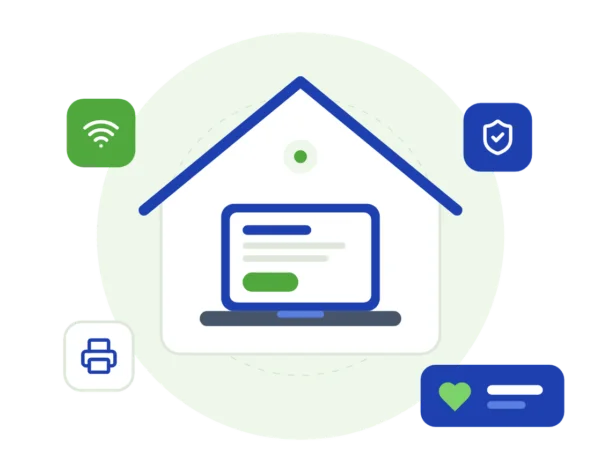 Illustration of a home with Wi-Fi, a printer and a secure computer