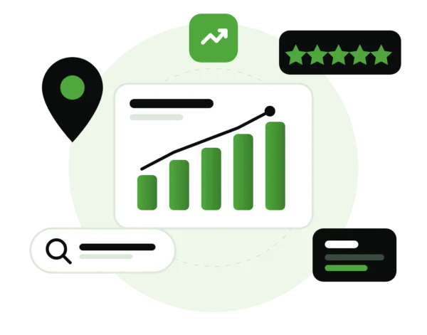Illustration of a marketing report with a growth chart, five-star reviews and a new enquiry