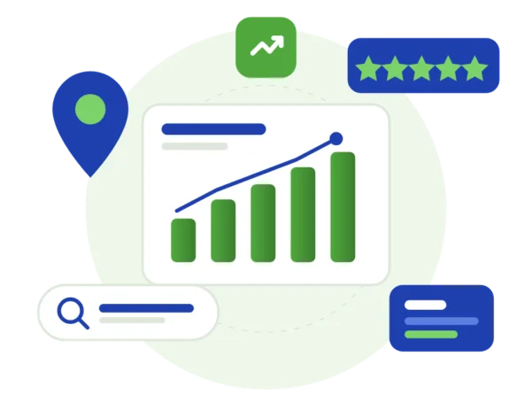 Illustration of a growth chart, map pin, search bar and five-star rating