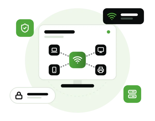 Illustration of a secure network linking a laptop, router, cloud backup, website and marketing reports