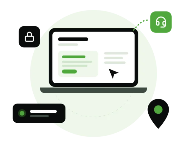 Illustration of a secure network linking a laptop, router, cloud backup, website and marketing reports
