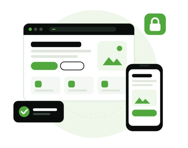 Illustration of a secure, mobile-friendly website shown on a laptop browser and a phone